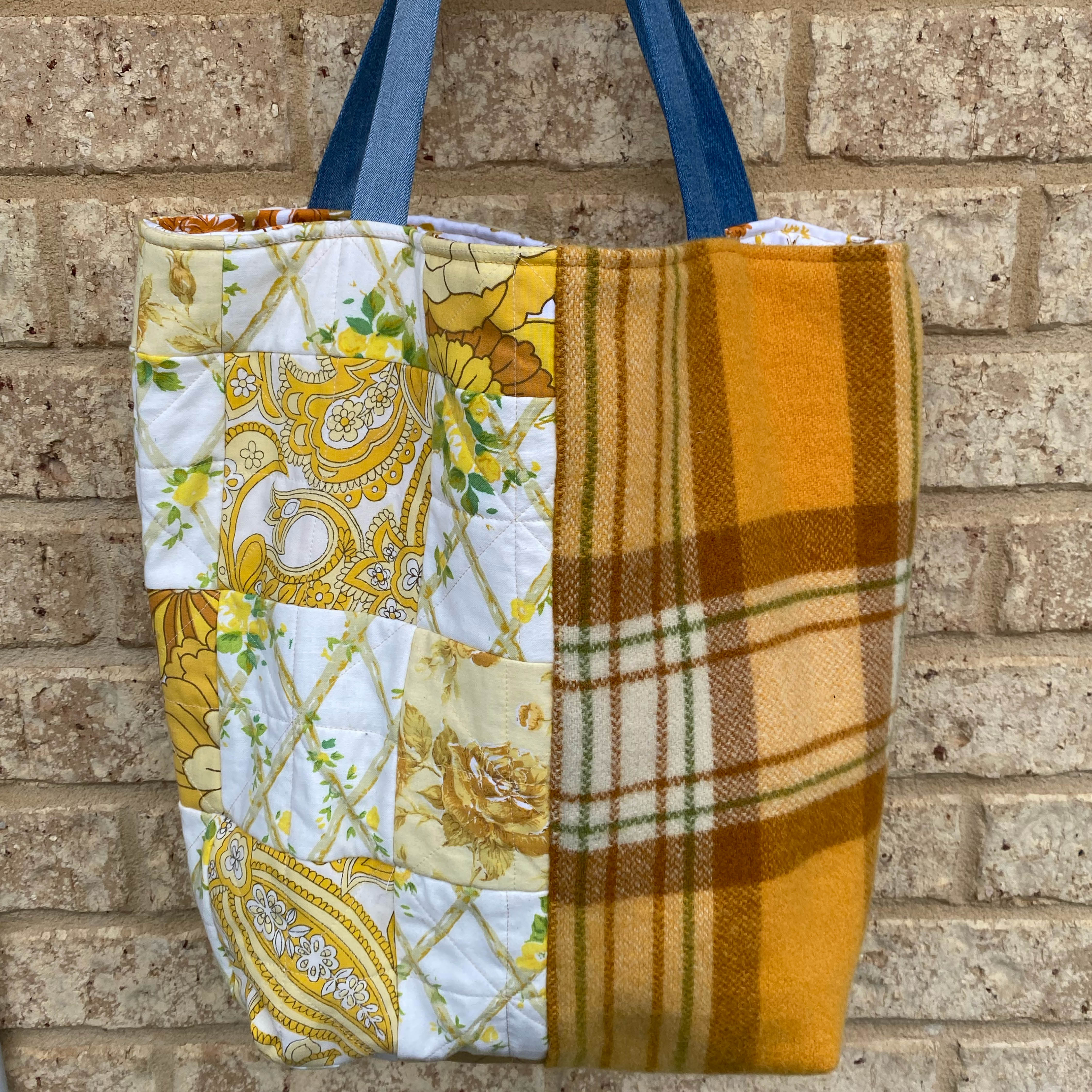 Sunny Meadow Handmade Tote Bag Upcycled Vintage Fabrics & Denim