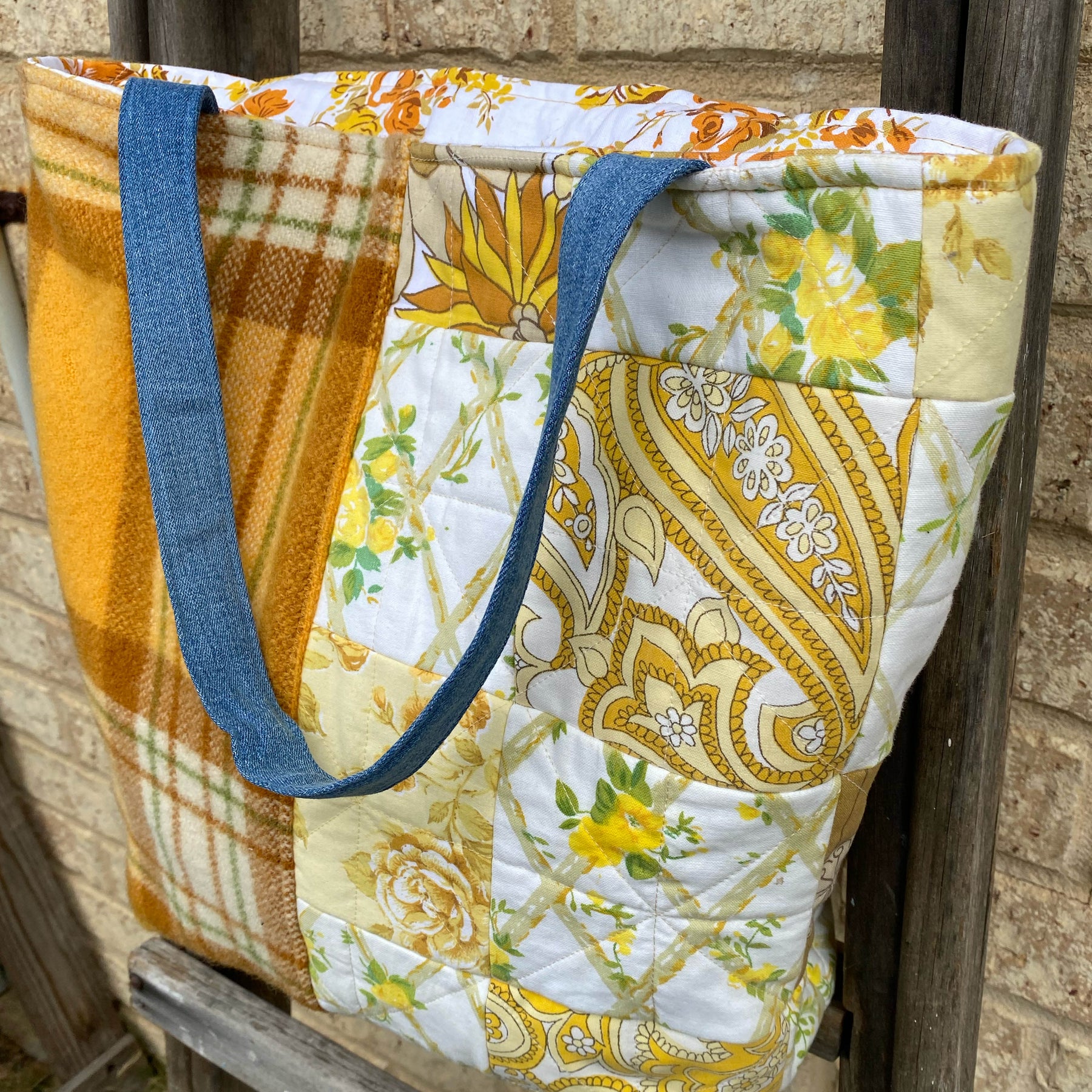 Sunny Meadow Handmade Tote Bag Upcycled Vintage Fabrics & Denim