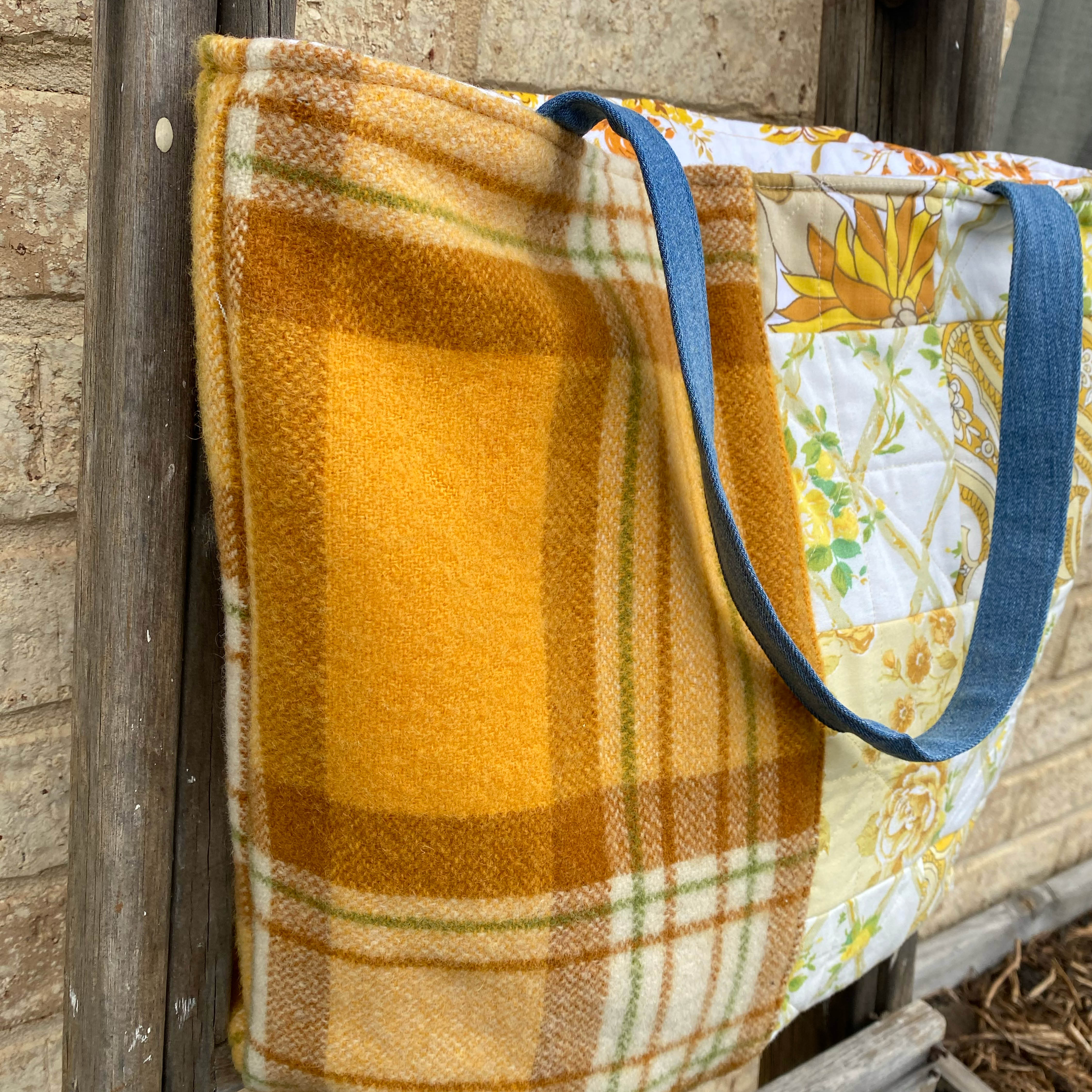 Sunny Meadow Handmade Tote Bag Upcycled Vintage Fabrics & Denim