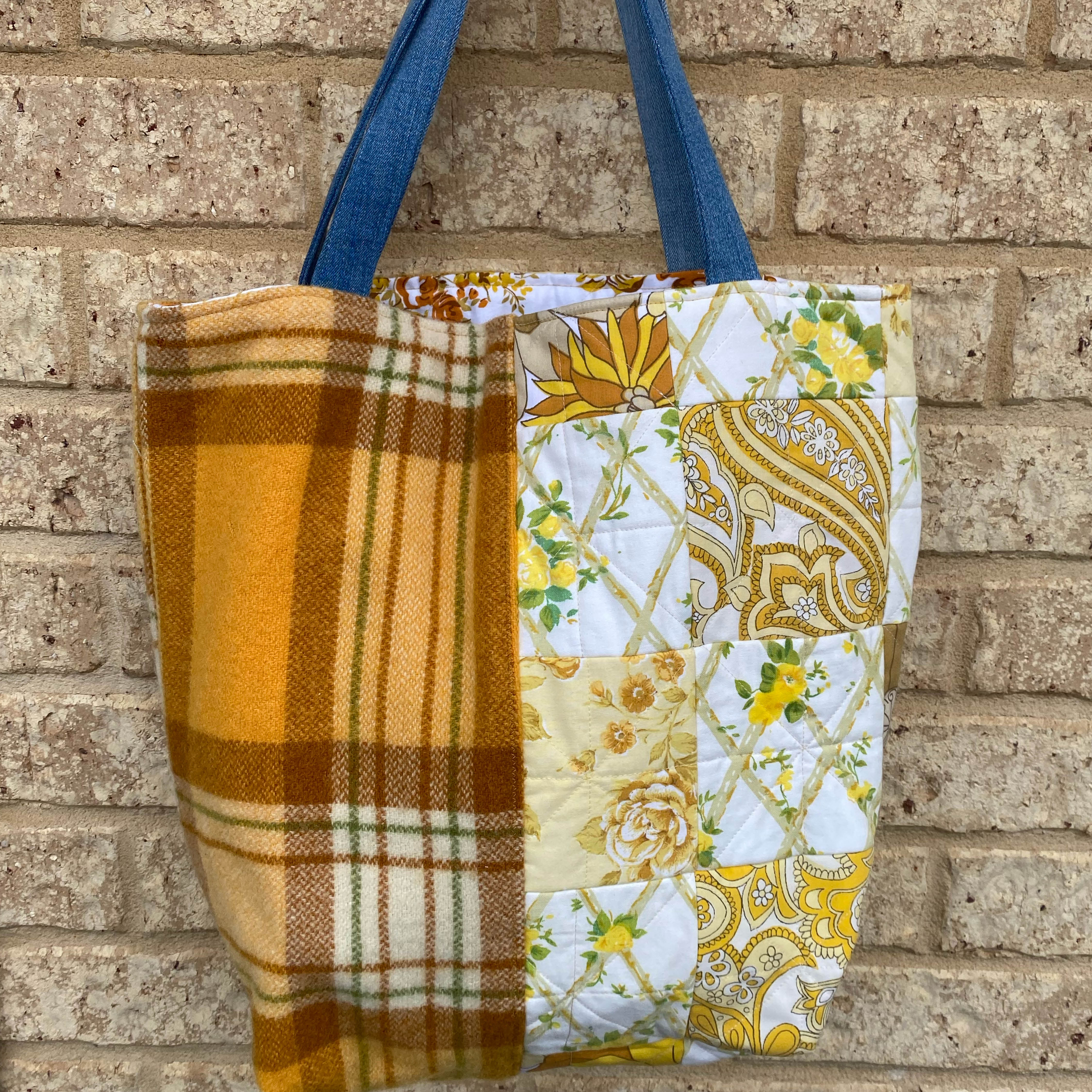 Sunny Meadow Handmade Tote Bag Upcycled Vintage Fabrics & Denim