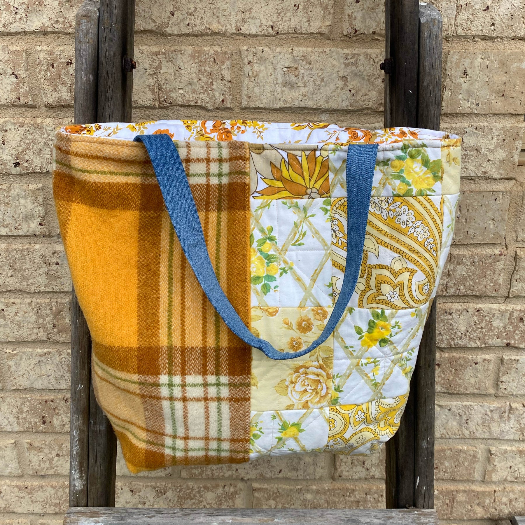 Sunny Meadow Handmade Tote Bag Upcycled Vintage Fabrics & Denim