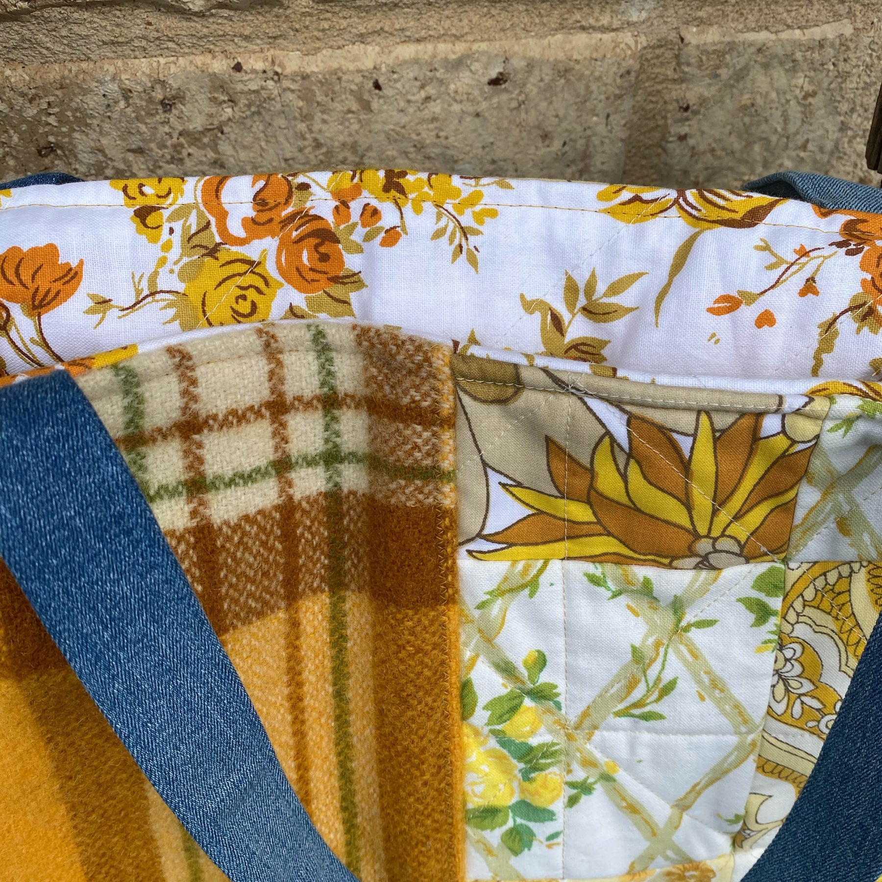 Sunny Meadow Handmade Tote Bag Upcycled Vintage Fabrics & Denim