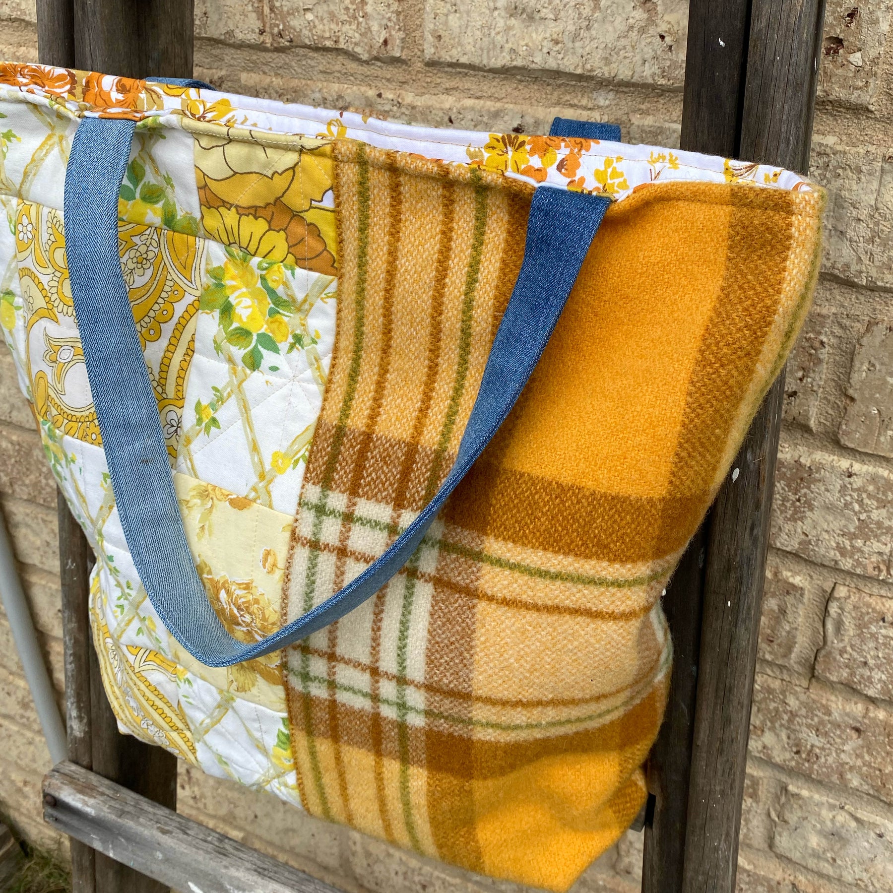 Sunny Meadow Handmade Tote Bag Upcycled Vintage Fabrics & Denim