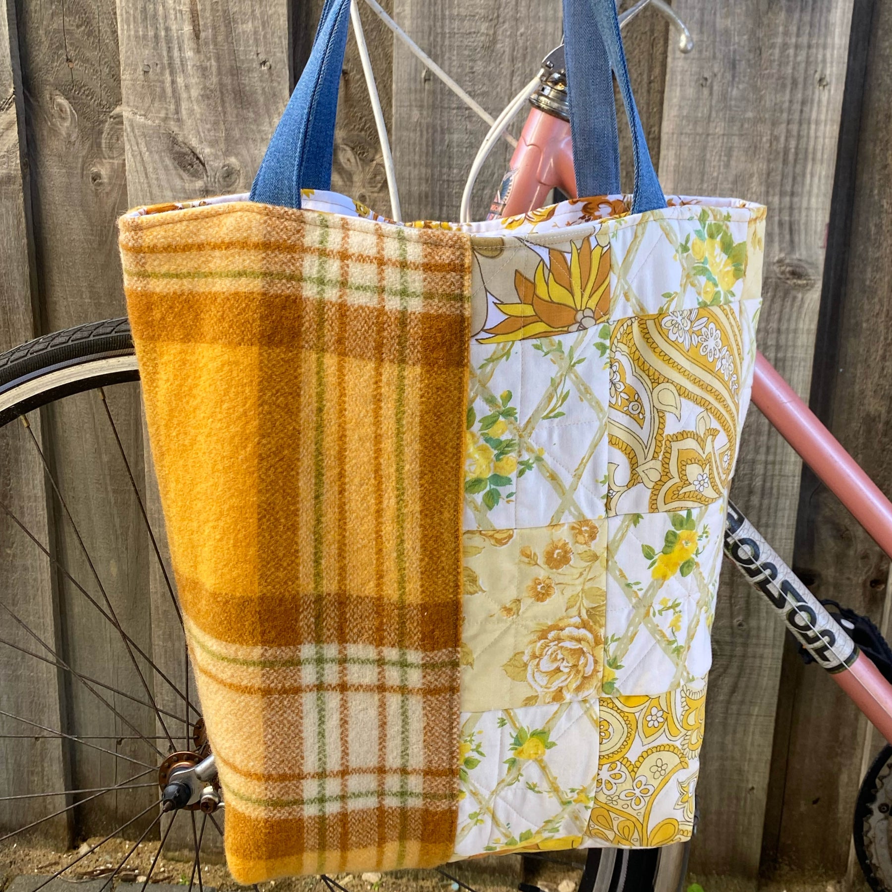 Sunny Meadow Handmade Tote Bag Upcycled Vintage Fabrics & Denim