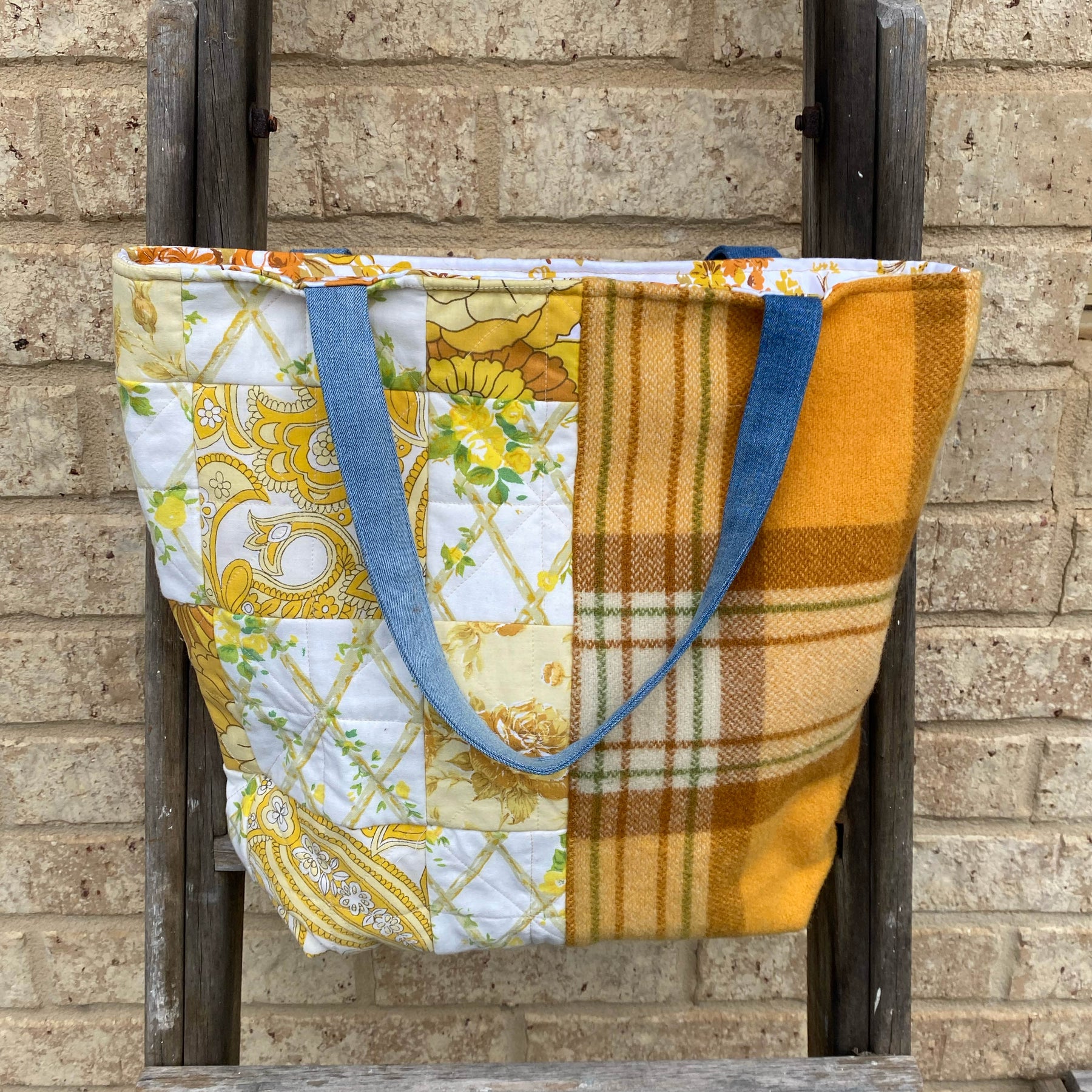 Sunny Meadow Handmade Tote Bag Upcycled Vintage Fabrics & Denim