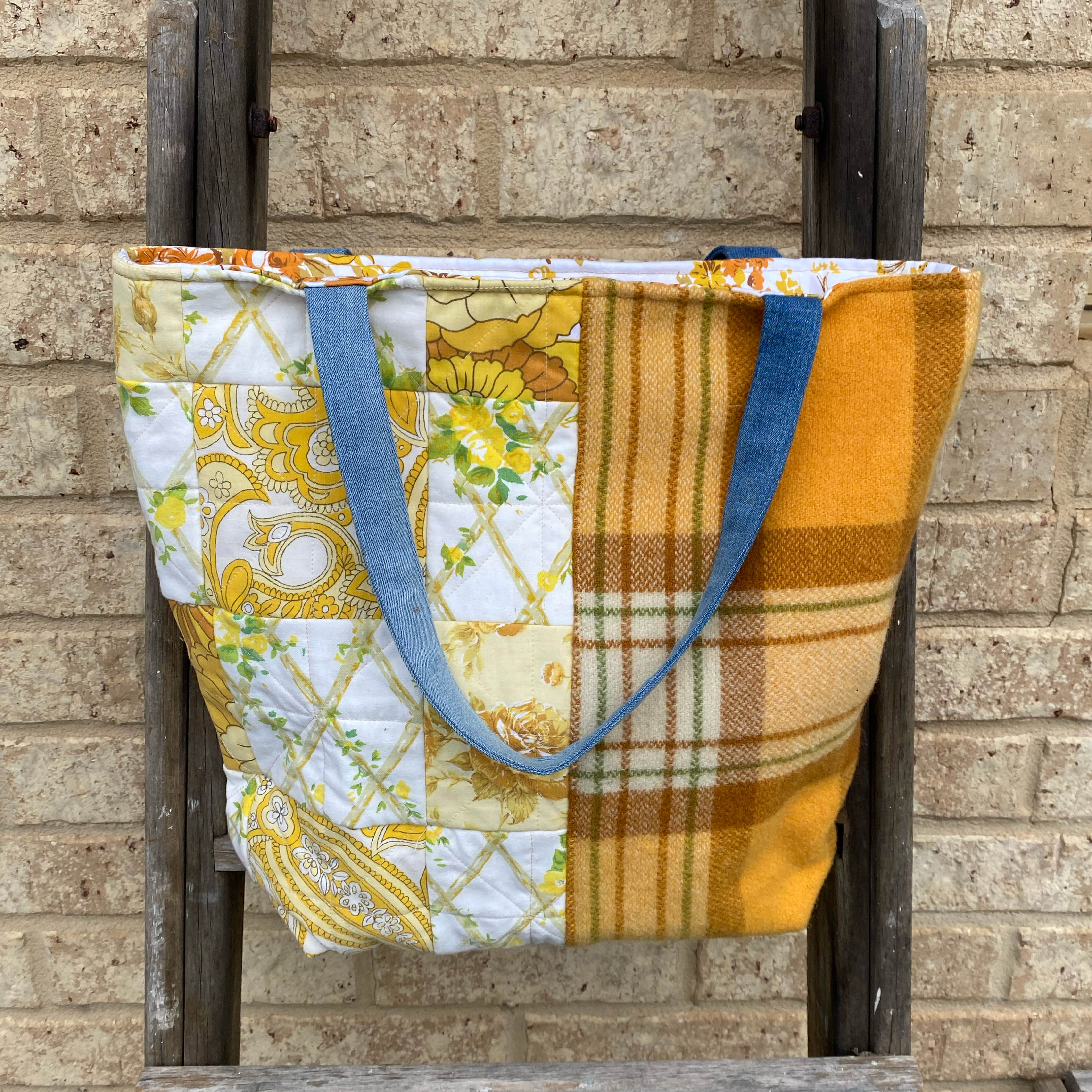 Sunny Meadow Handmade Tote Bag Upcycled Vintage Fabrics & Denim
