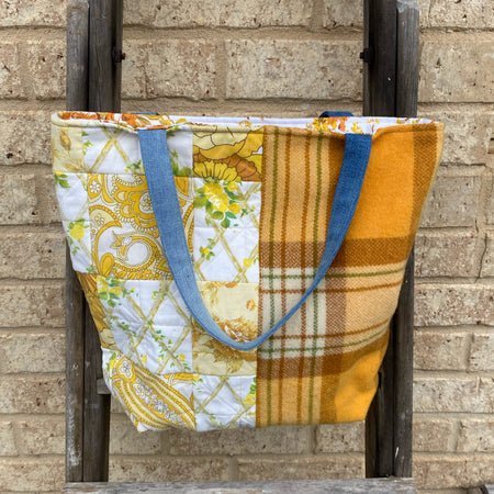Sunny Meadow Handmade Tote Bag Upcycled Vintage Fabrics & Denim