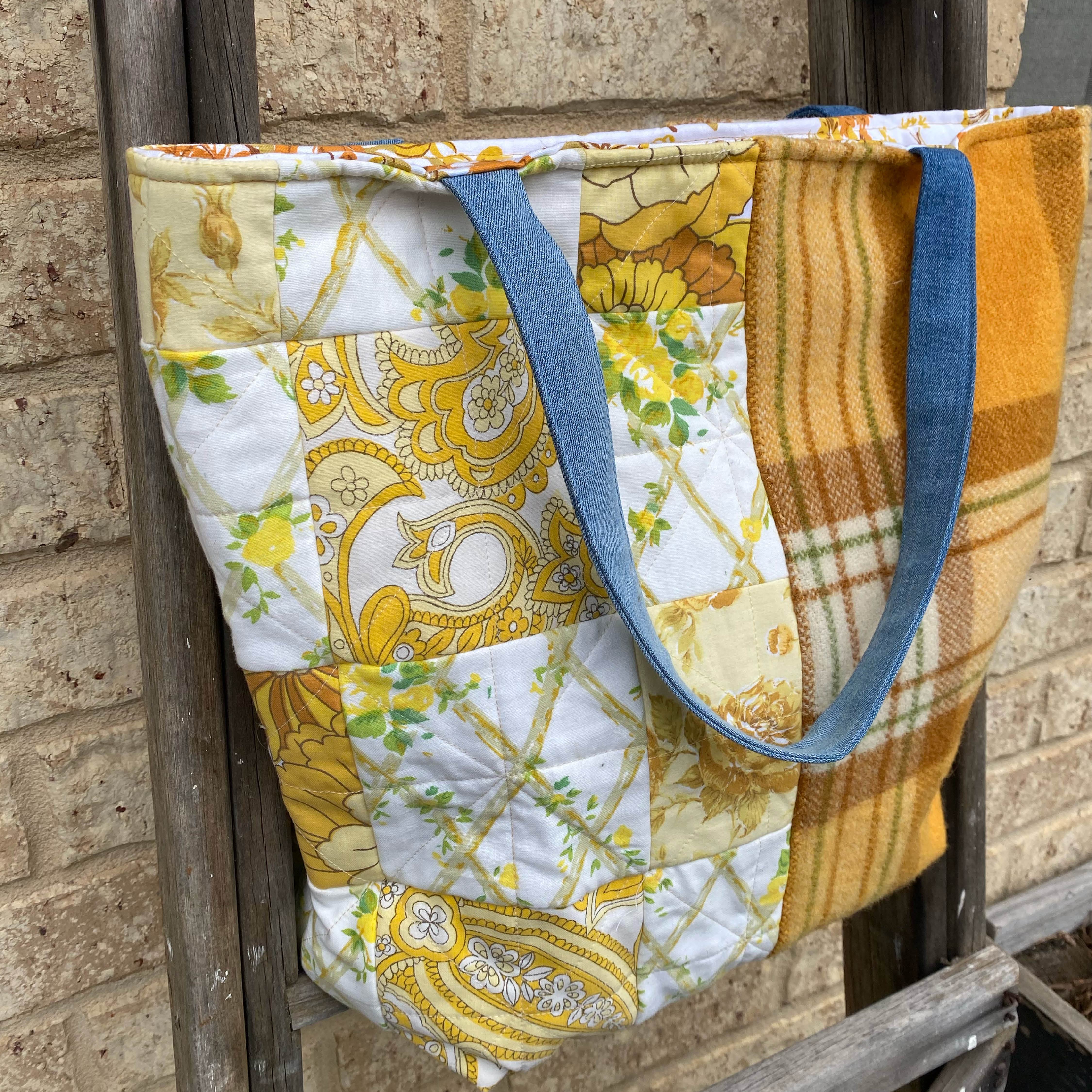 Sunny Meadow Handmade Tote Bag Upcycled Vintage Fabrics & Denim