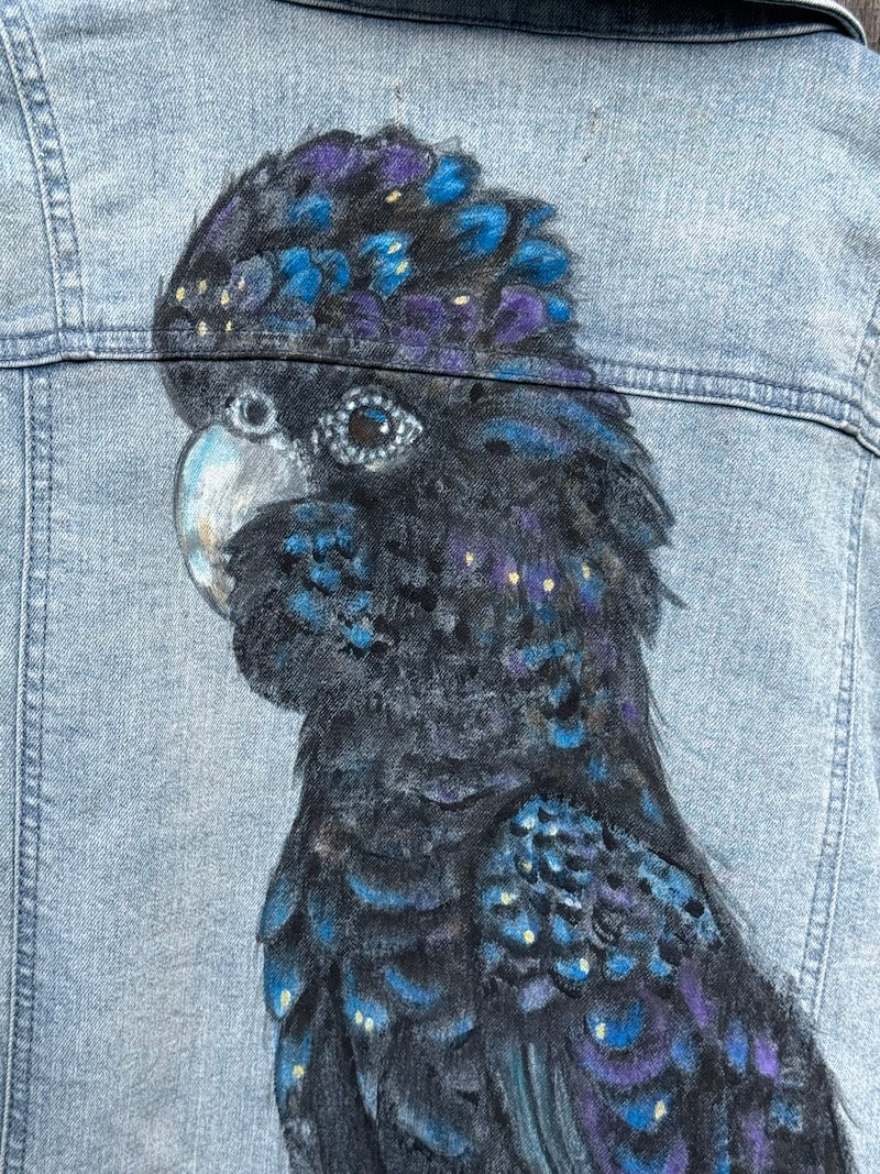 Black Cockatoo Hand-painted Denim Recycled Jacket Bettina (W14)