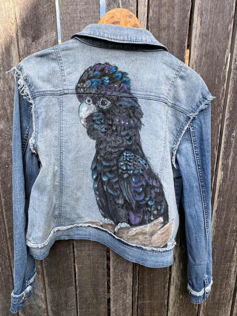 Black Cockatoo Hand-painted Denim Recycled Jacket Bettina (W14)