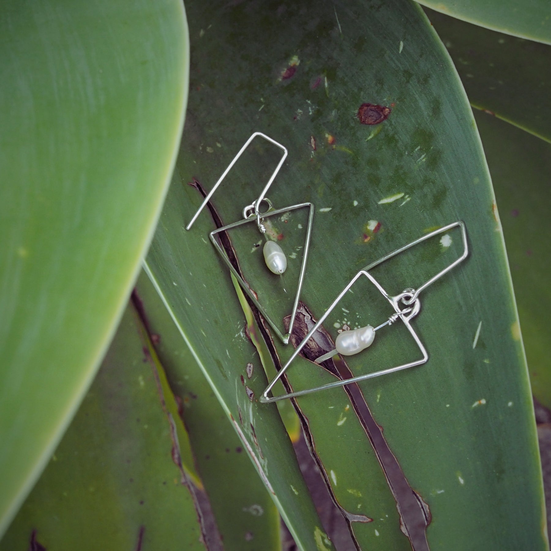 Triangle Pearl Earrings | Sterling Silver