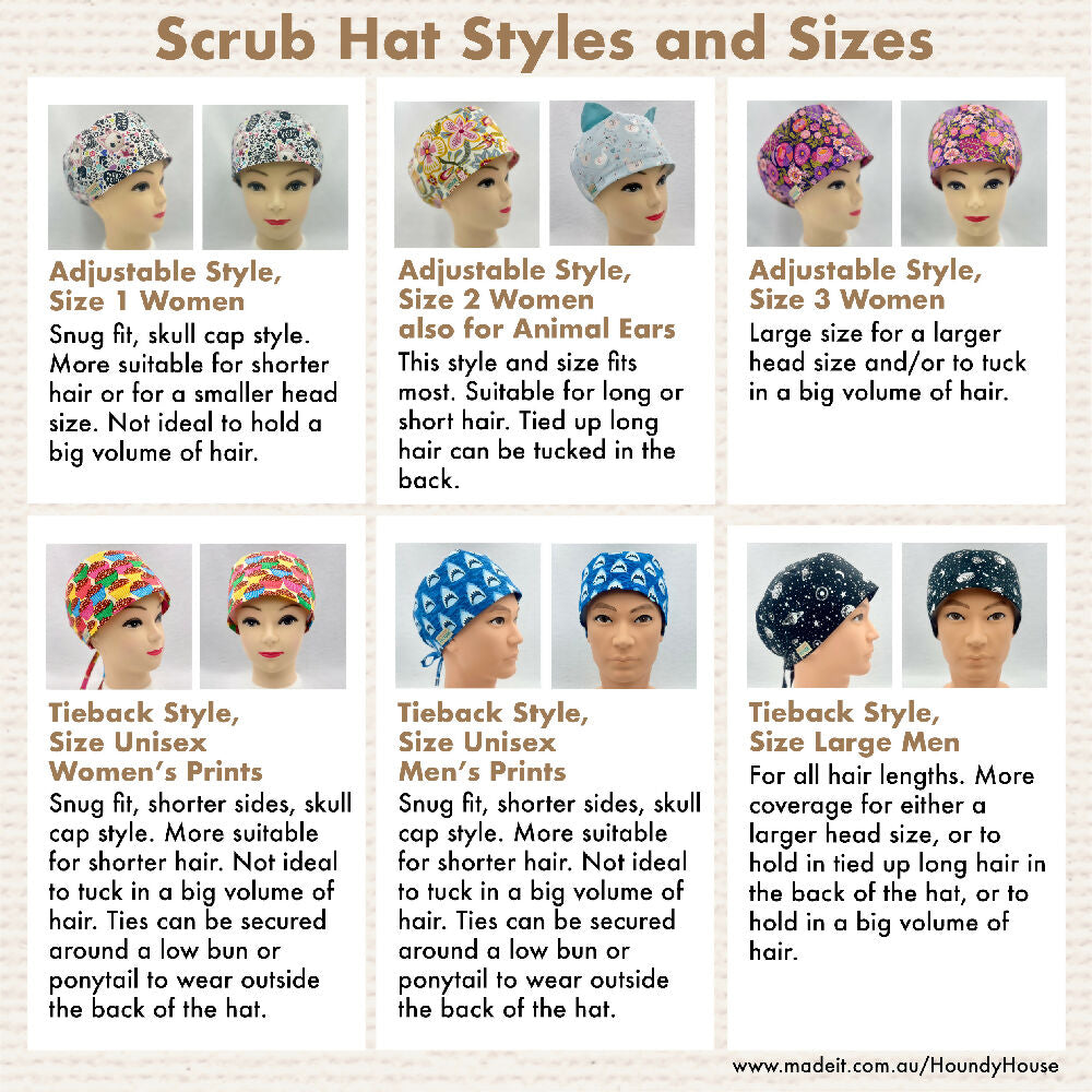 Houndy House scrub hat styles and sizes b