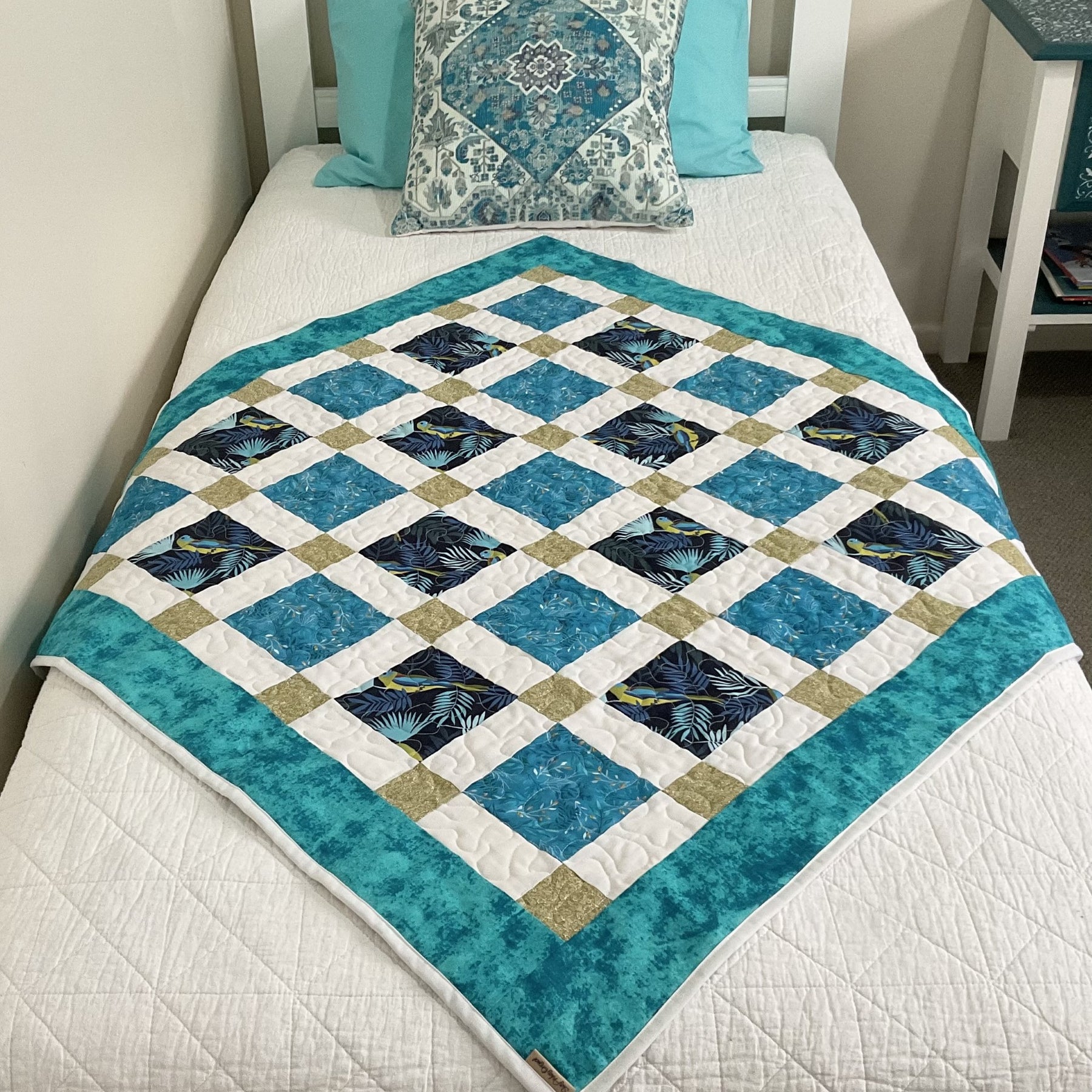 Patchwork lap quilt throw rug blanket, Turquoise Parrot