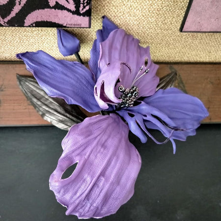 Leather Orchid Night Beauty , Flower Brooch, hair hat clip