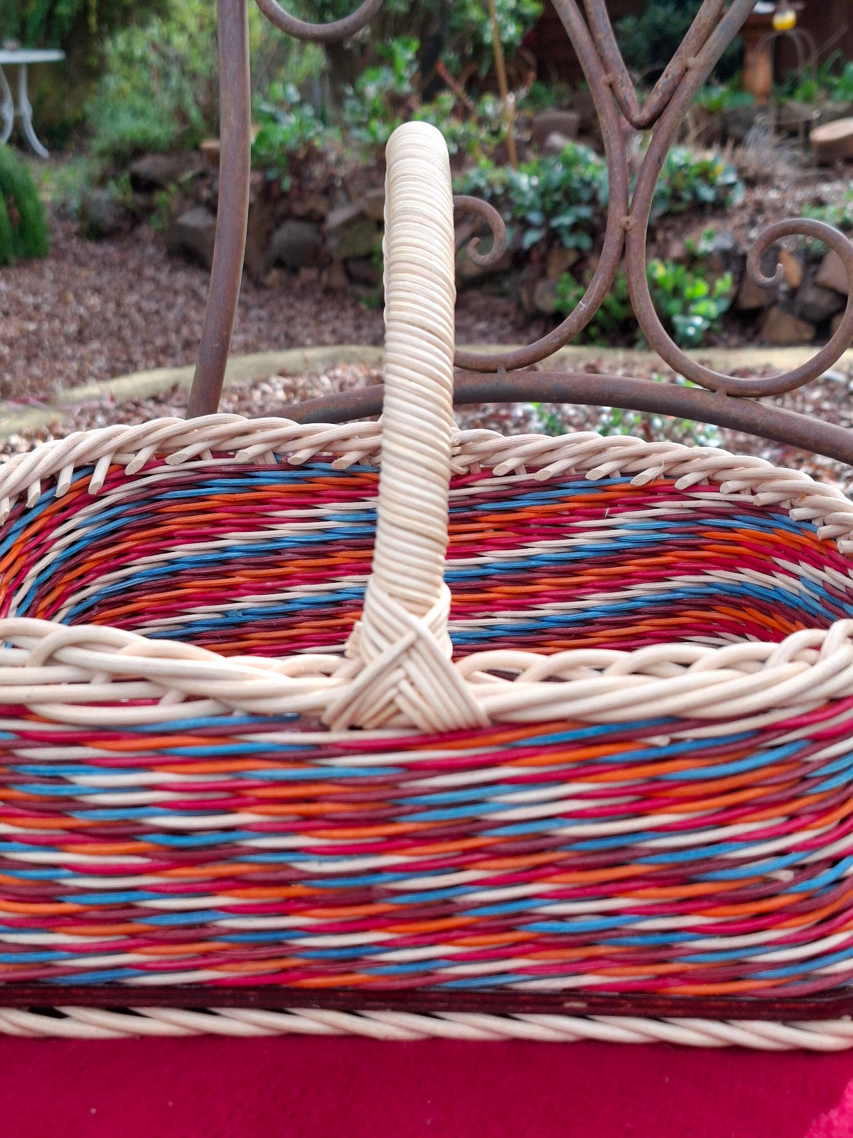 Large Rectangular basket brown, orange, blue and natural wicker.