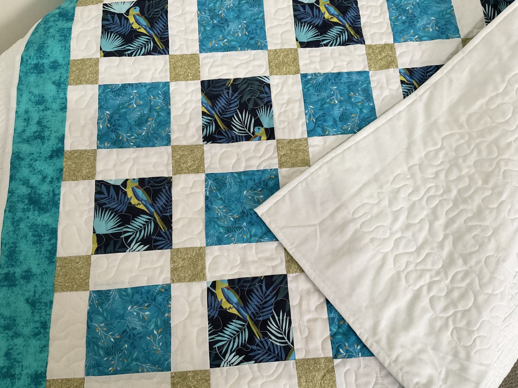 Patchwork lap quilt throw rug blanket, Turquoise Parrot