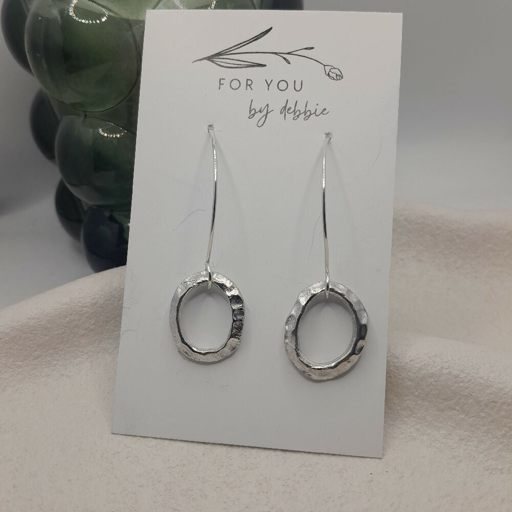 Fine silver earrings hammered oval -handmade ear wire