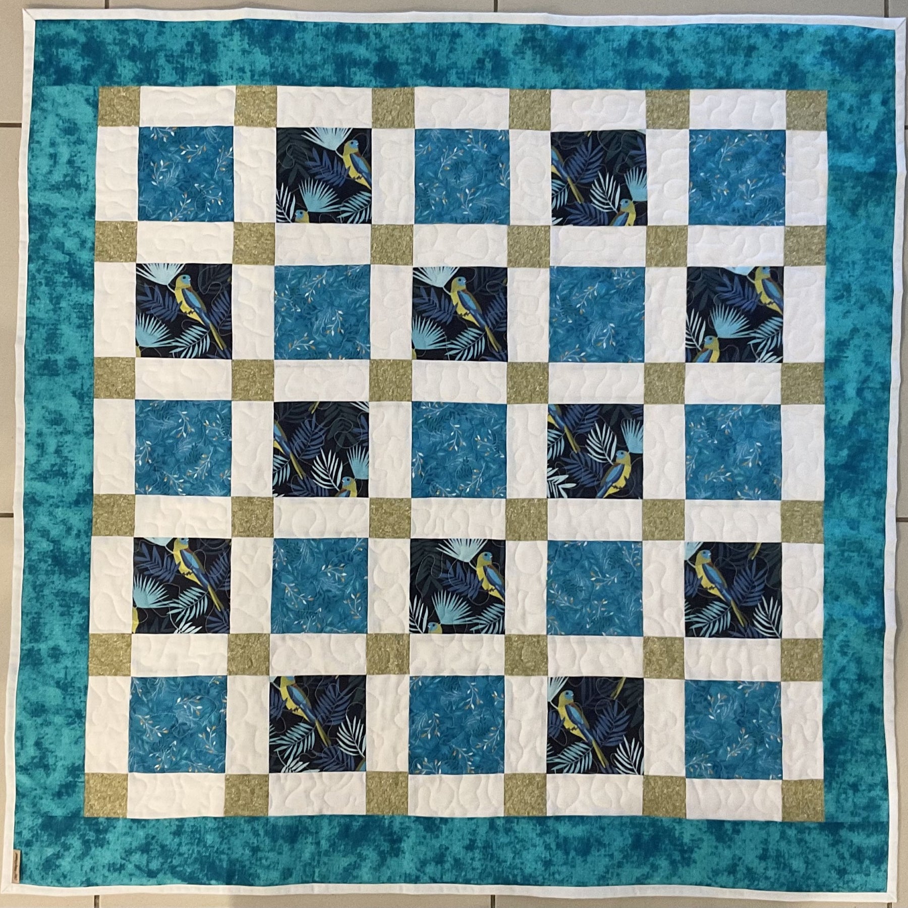 Patchwork lap quilt throw rug blanket, Turquoise Parrot