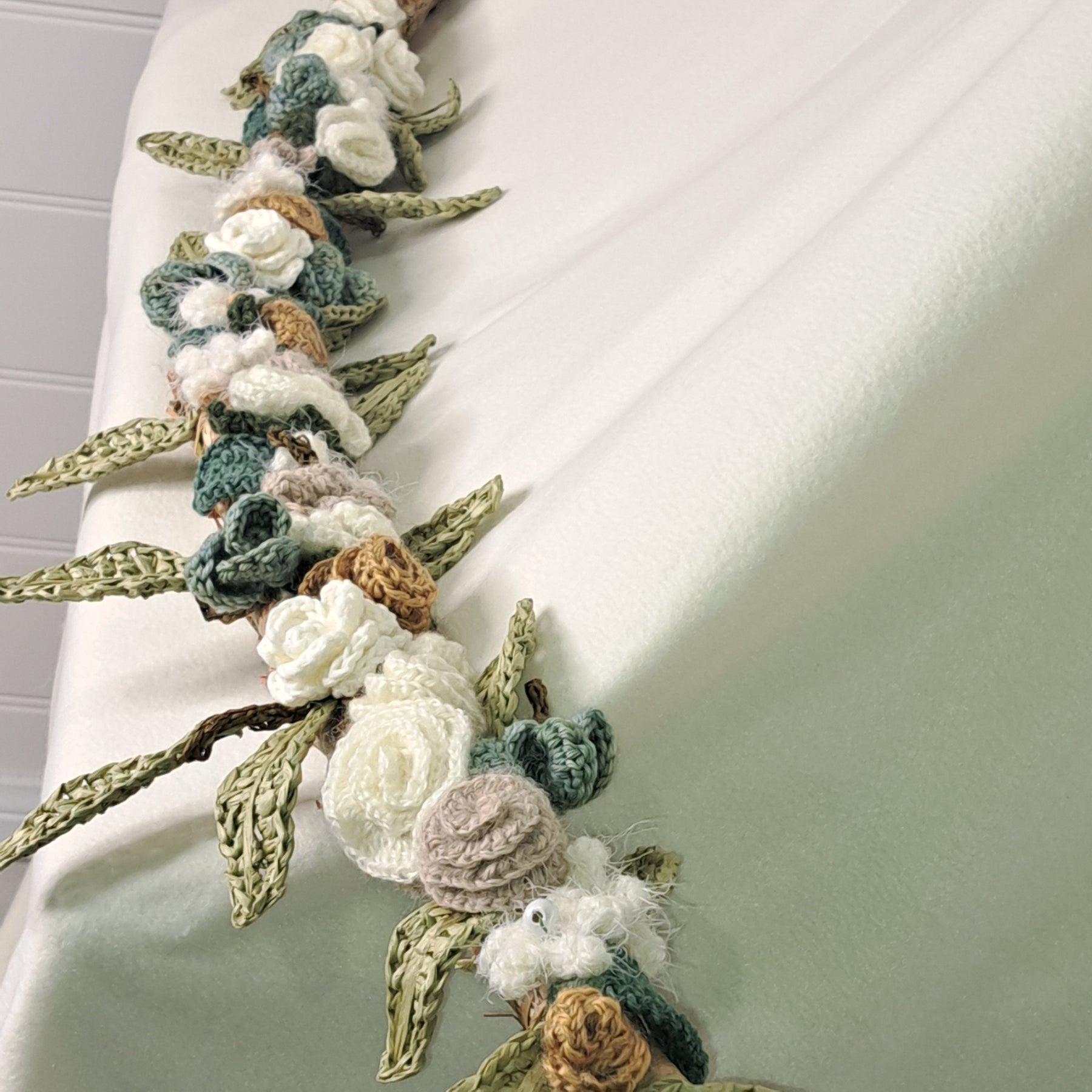 Handmade crochet Wedding Garland, roses, eucalyptus on raffia
