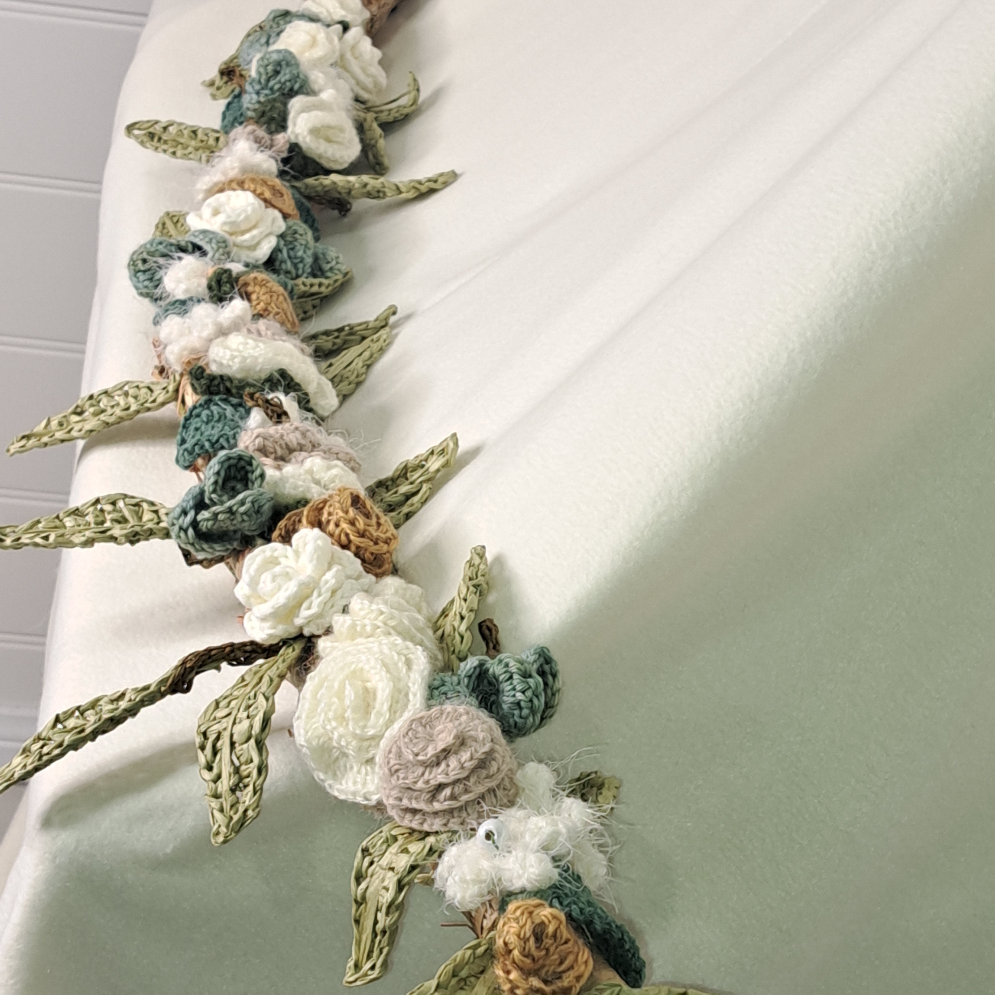 Handmade crochet Wedding Garland, roses, eucalyptus on raffia