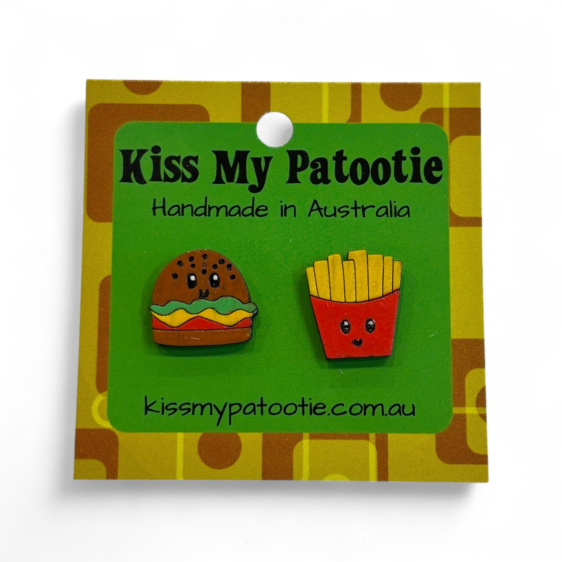 Burger and fries wooden earrings - hand painted studs