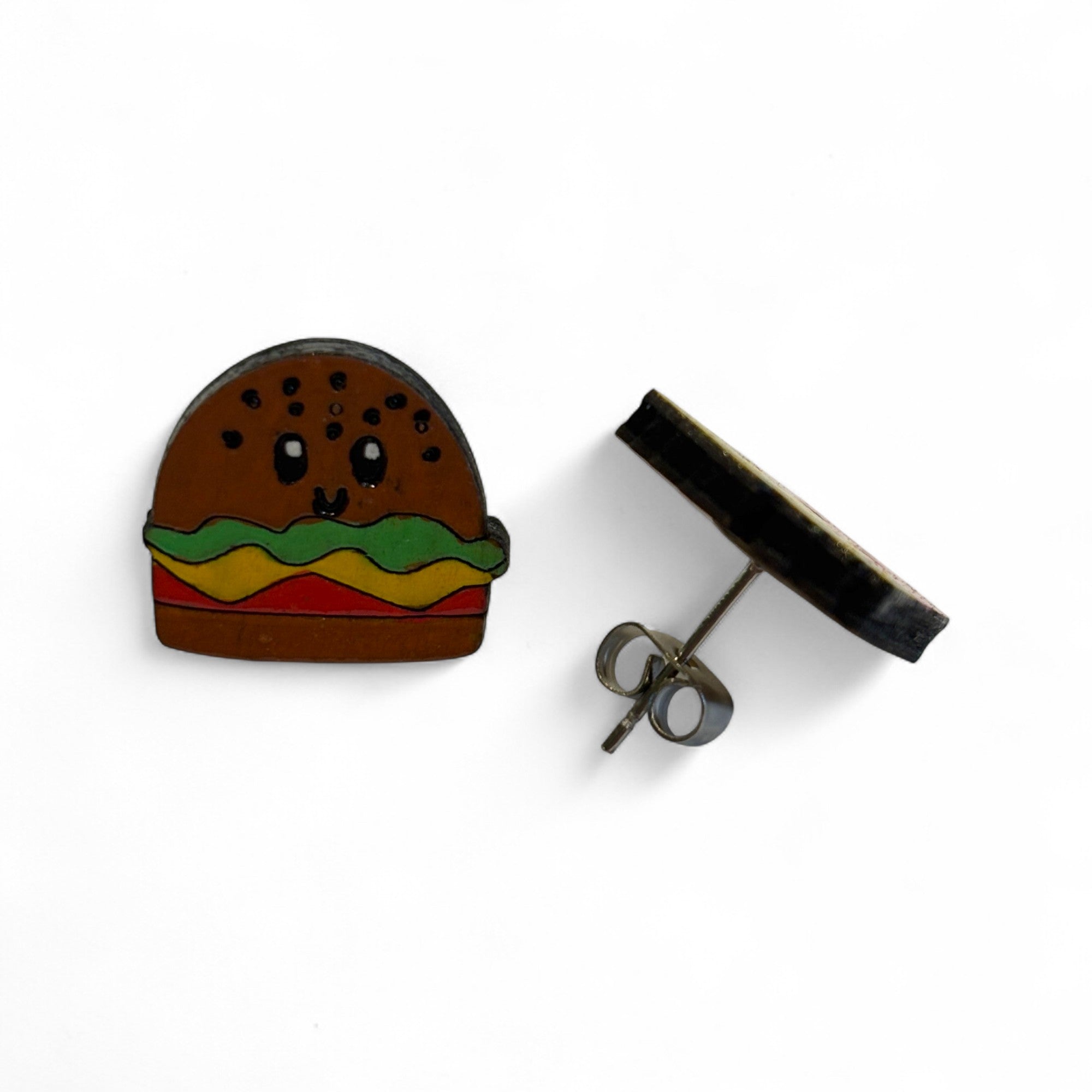 Burger and fries wooden earrings - hand painted studs