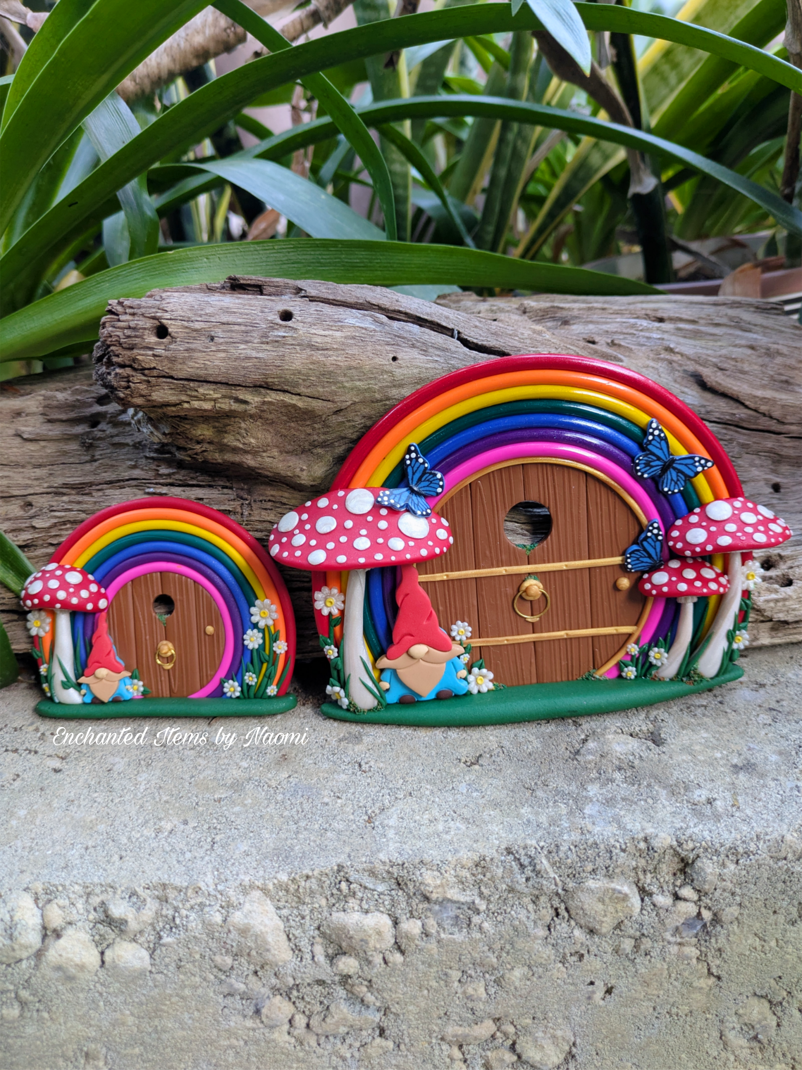 Hand-Sculpted Rainbow Fairy Doors with Gnome & Fairytale Mushrooms – Two Enchanted Designs!
