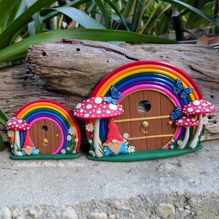 Hand-Sculpted Rainbow Fairy Doors with Gnome & Fairytale Mushrooms – Two Enchanted Designs!