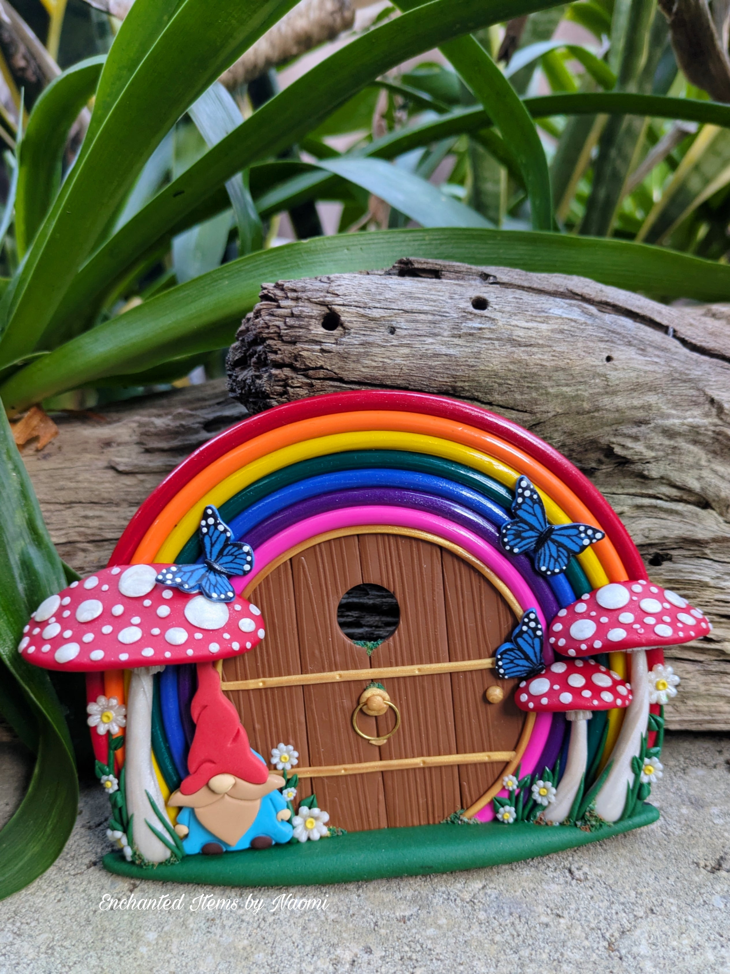 Hand-Sculpted Rainbow Fairy Doors with Gnome & Fairytale Mushrooms – Two Enchanted Designs!
