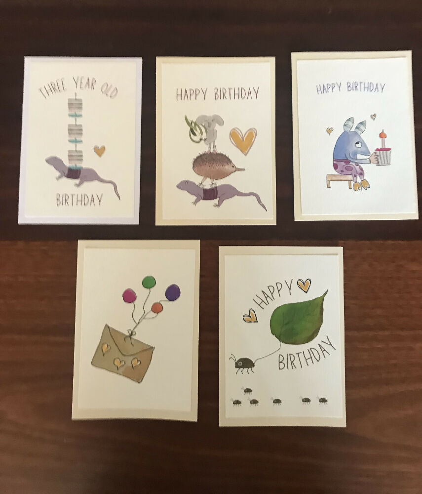 Birthday card pack of 5 cards - this pack has a three year old birthday