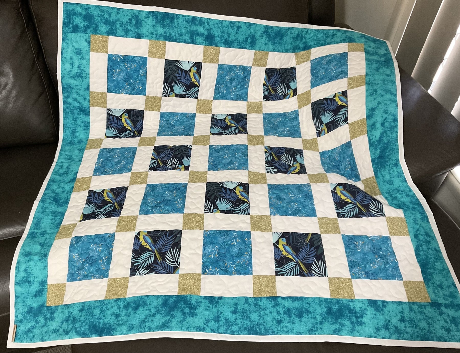 Patchwork lap quilt throw rug blanket, Turquoise Parrot