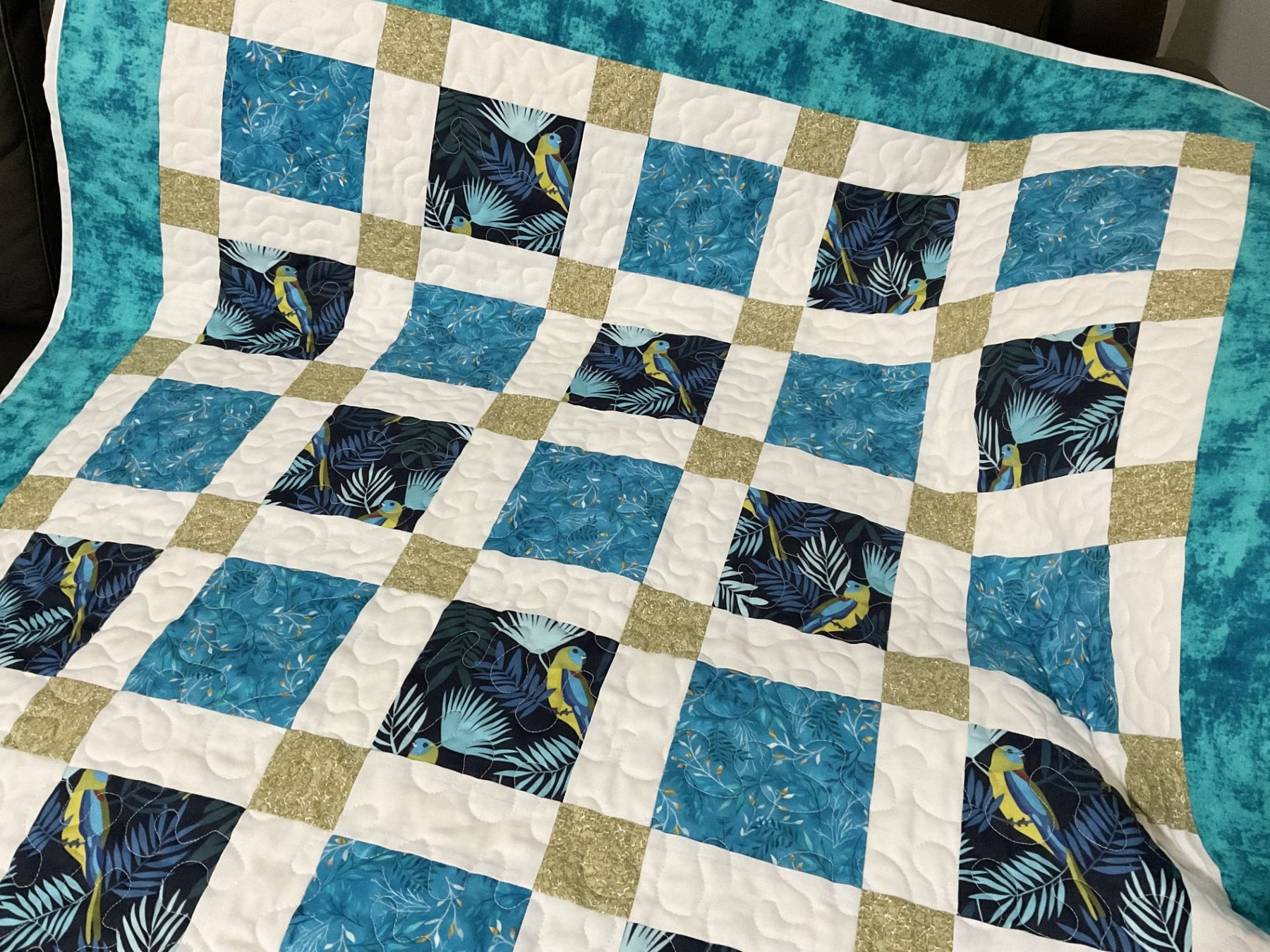 Patchwork lap quilt throw rug blanket, Turquoise Parrot