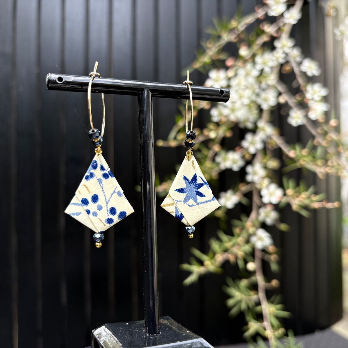 Origami Hoop Earrings – Blue and Gold Autumn Leaves on Japanese paper