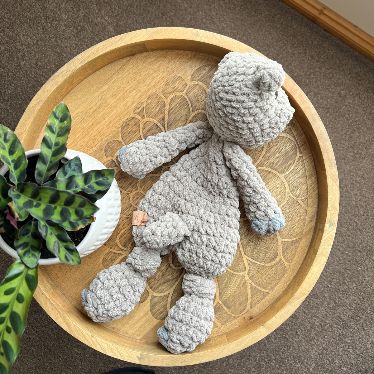 Handmade modern crochet Hippo lovey toy snuggler plushie.