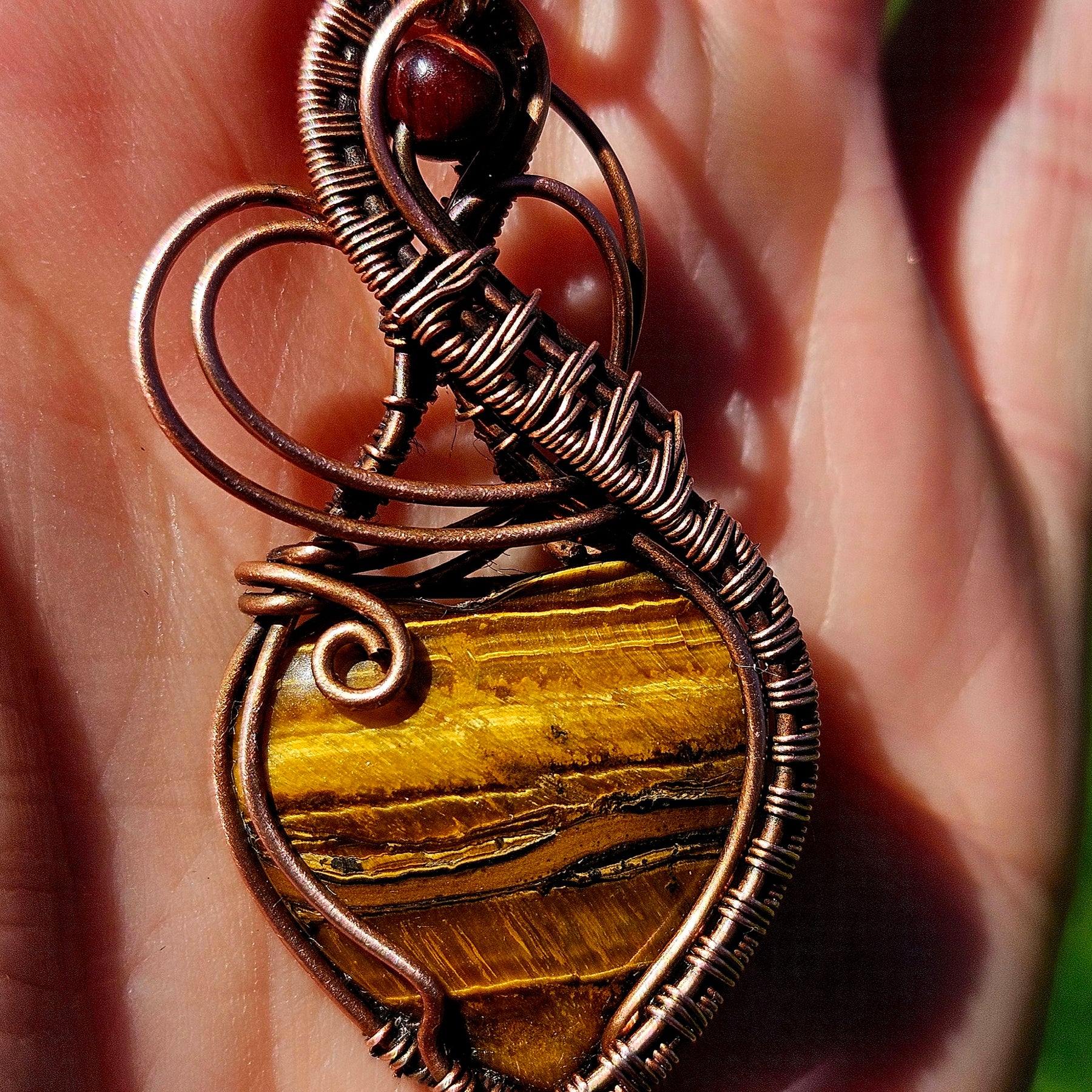Copper Wire-Wrapped Tiger’s Eye Heart Pendant on Adjustable Leather Cord
