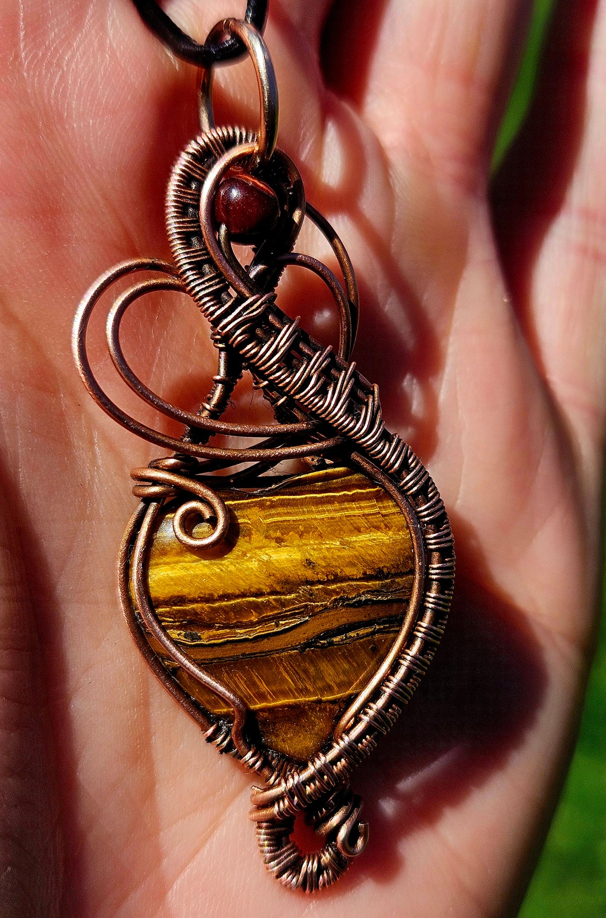 Copper Wire-Wrapped Tiger’s Eye Heart Pendant on Adjustable Leather Cord