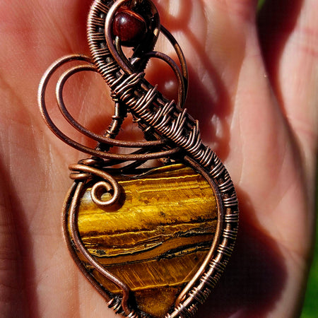 Copper Wire-Wrapped Tiger’s Eye Heart Pendant on Adjustable Leather Cord