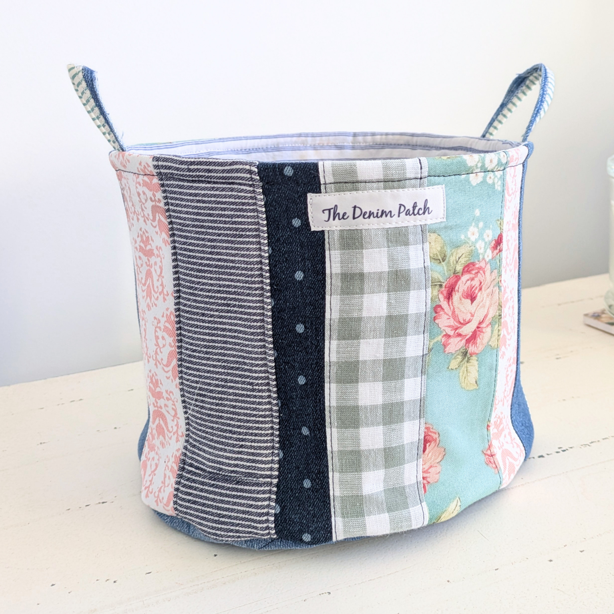 Upcycled Denim, Storage Basket, Green, Pink, Floral