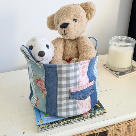 Upcycled Denim, Storage Basket, Green, Pink, Floral