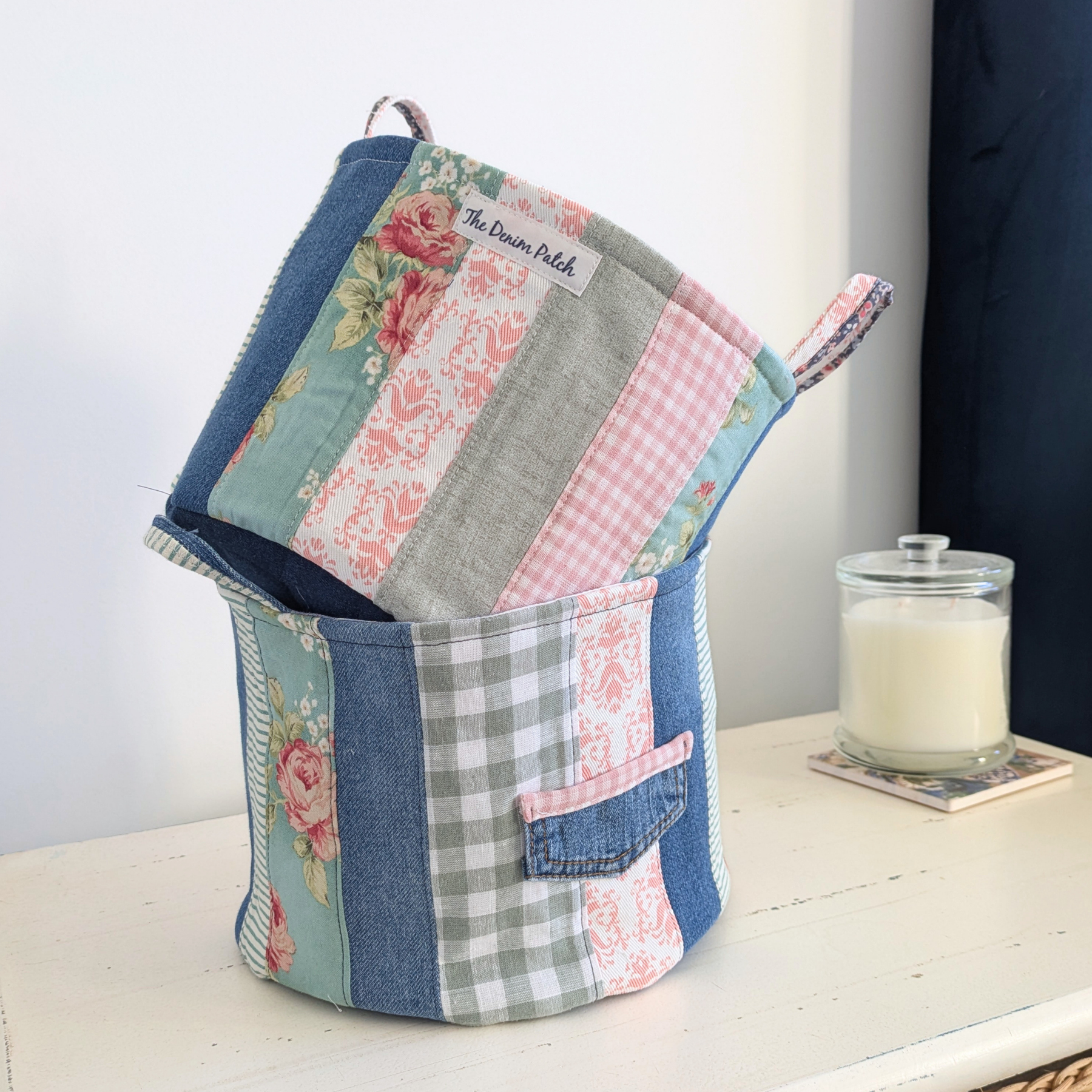 Upcycled Denim, Storage Basket, Green, Pink, Floral