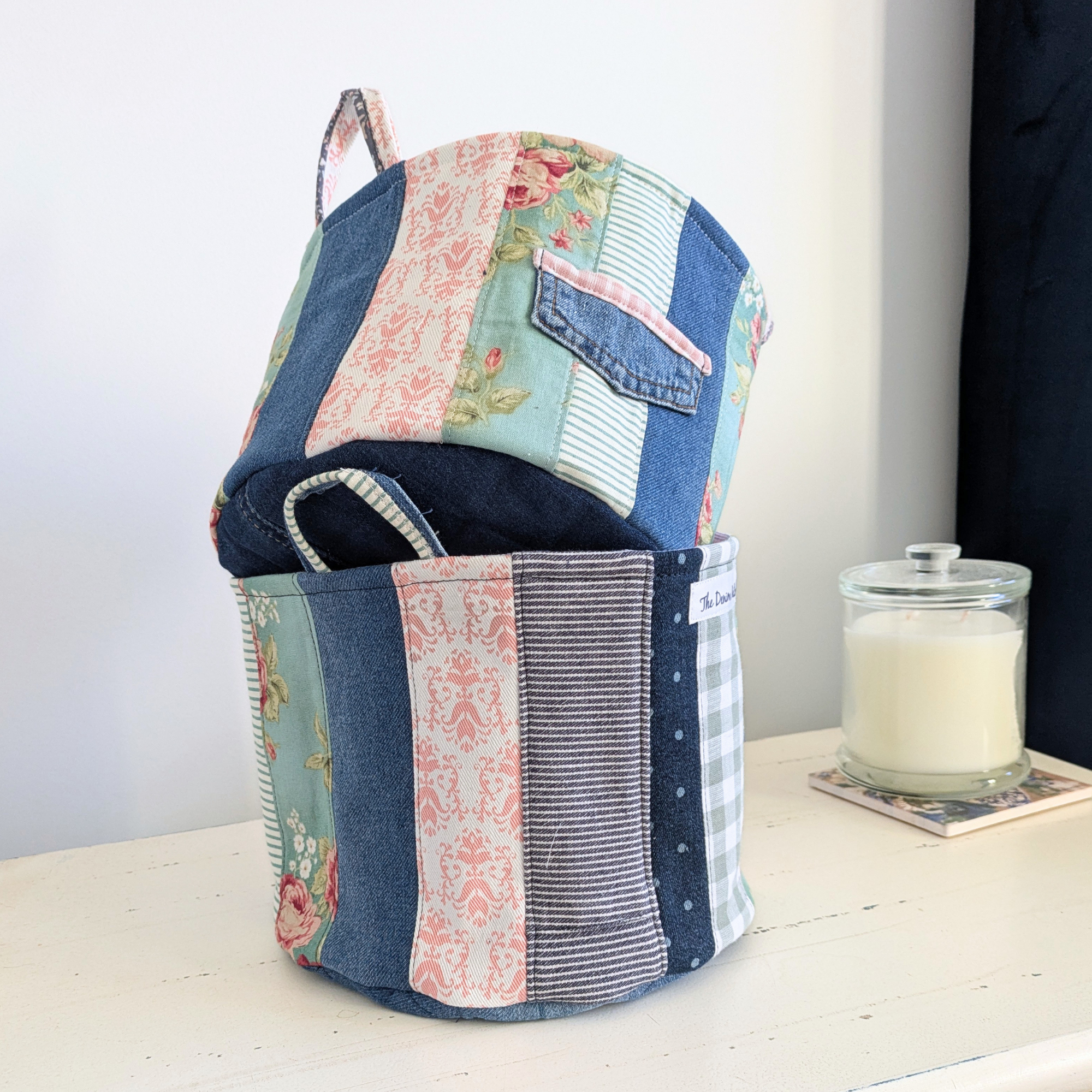 Upcycled Denim, Storage Basket, Green, Pink, Floral