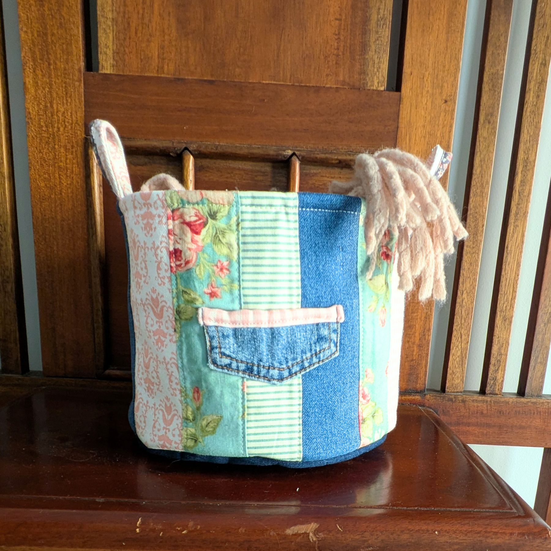 Upcycled Denim, Storage Basket, Green, Pink, Floral