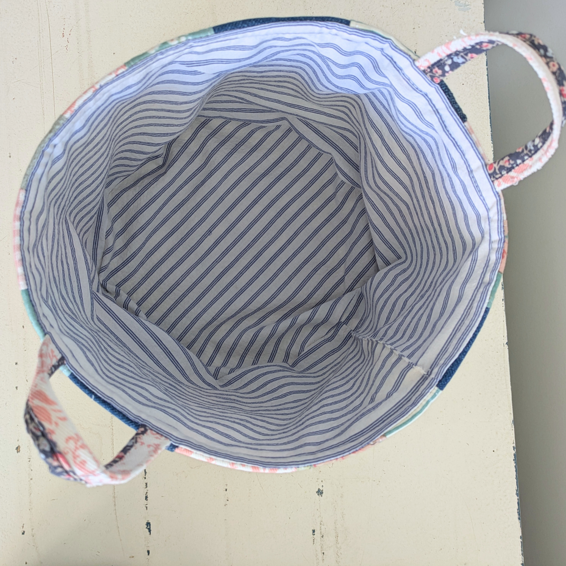 Upcycled Denim, Storage Basket, Green, Pink, Floral