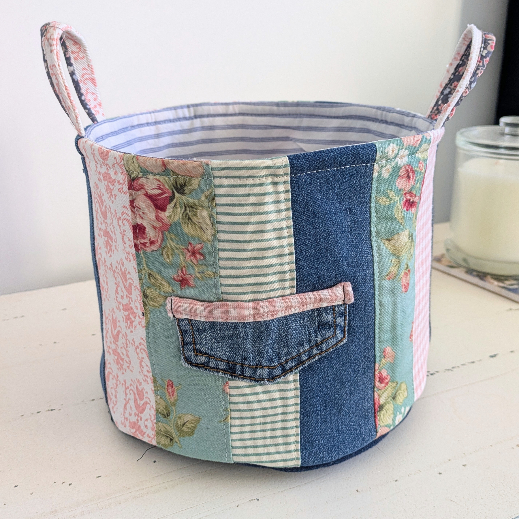 Upcycled Denim, Storage Basket, Green, Pink, Floral