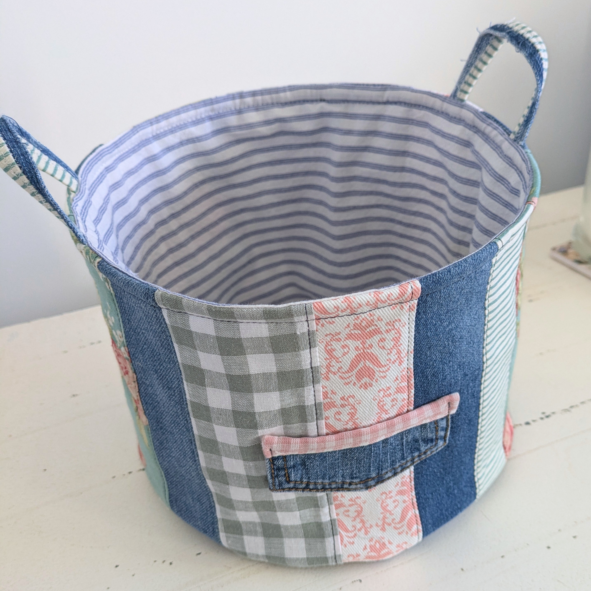 Upcycled Denim, Storage Basket, Green, Pink, Floral