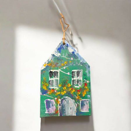 Christmas House Ornament Original Art Hand Painted Unique Gift Made of Real Leather