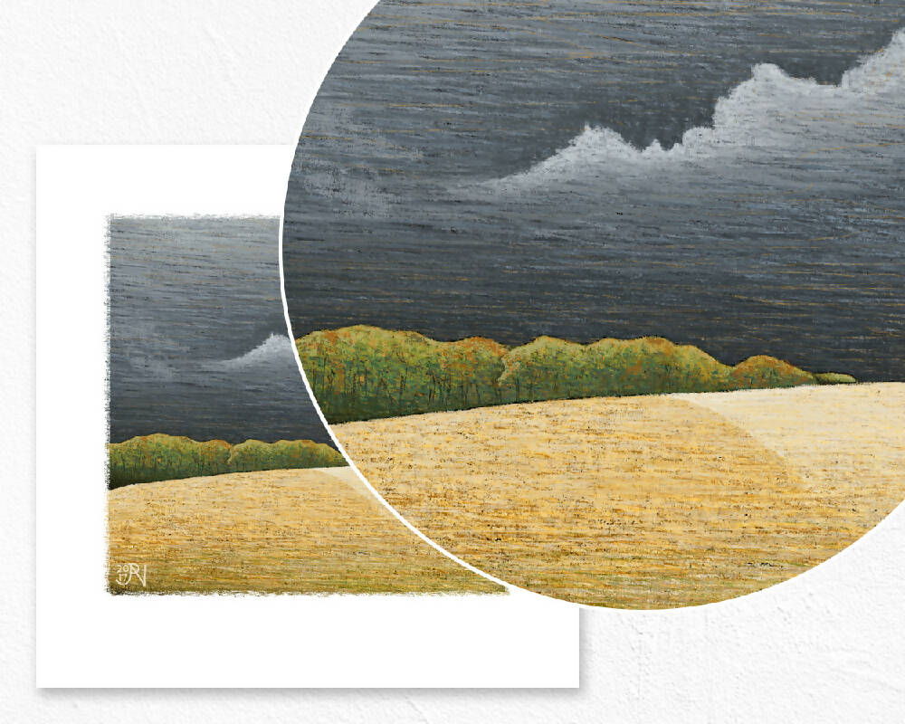 Landscape art print, abstract wall art, Setting sunlight, storm clouds
