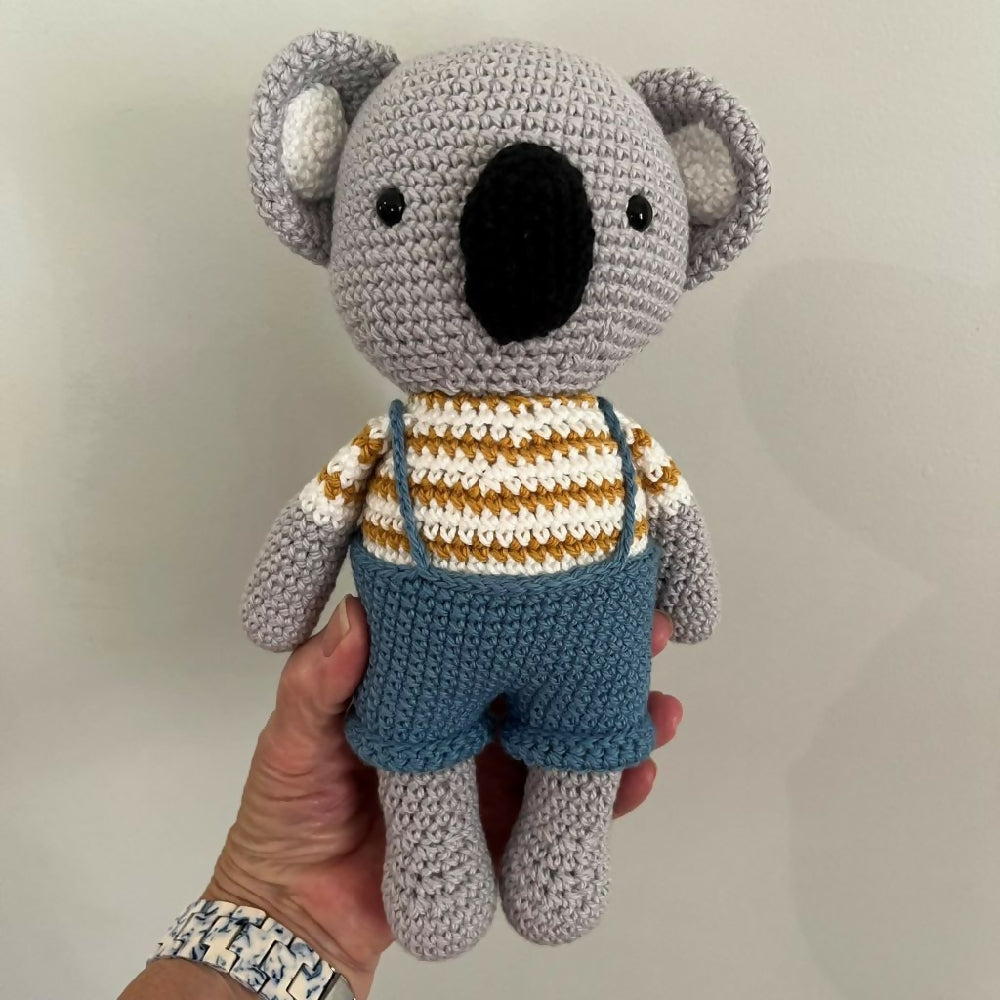 Crochet Koala in overalls soft toy