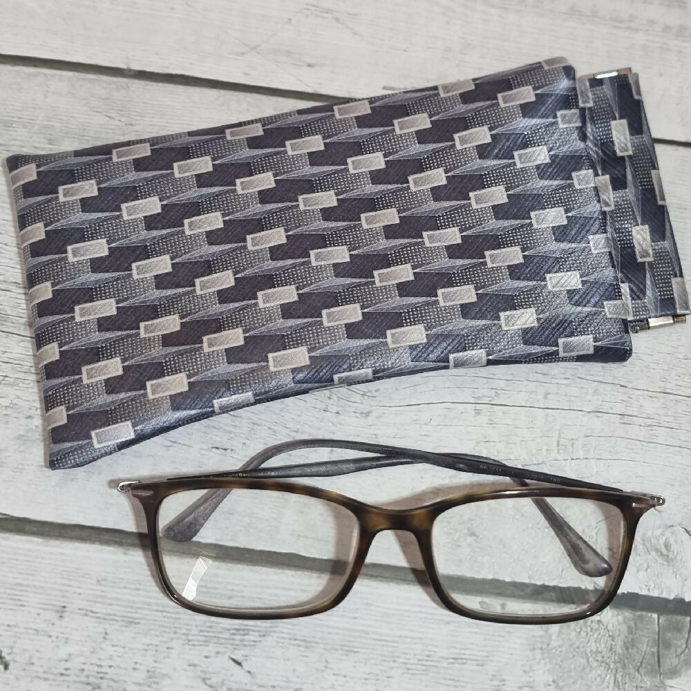 Flex frame glasses pouch, upcycled tie - patterned silver grey