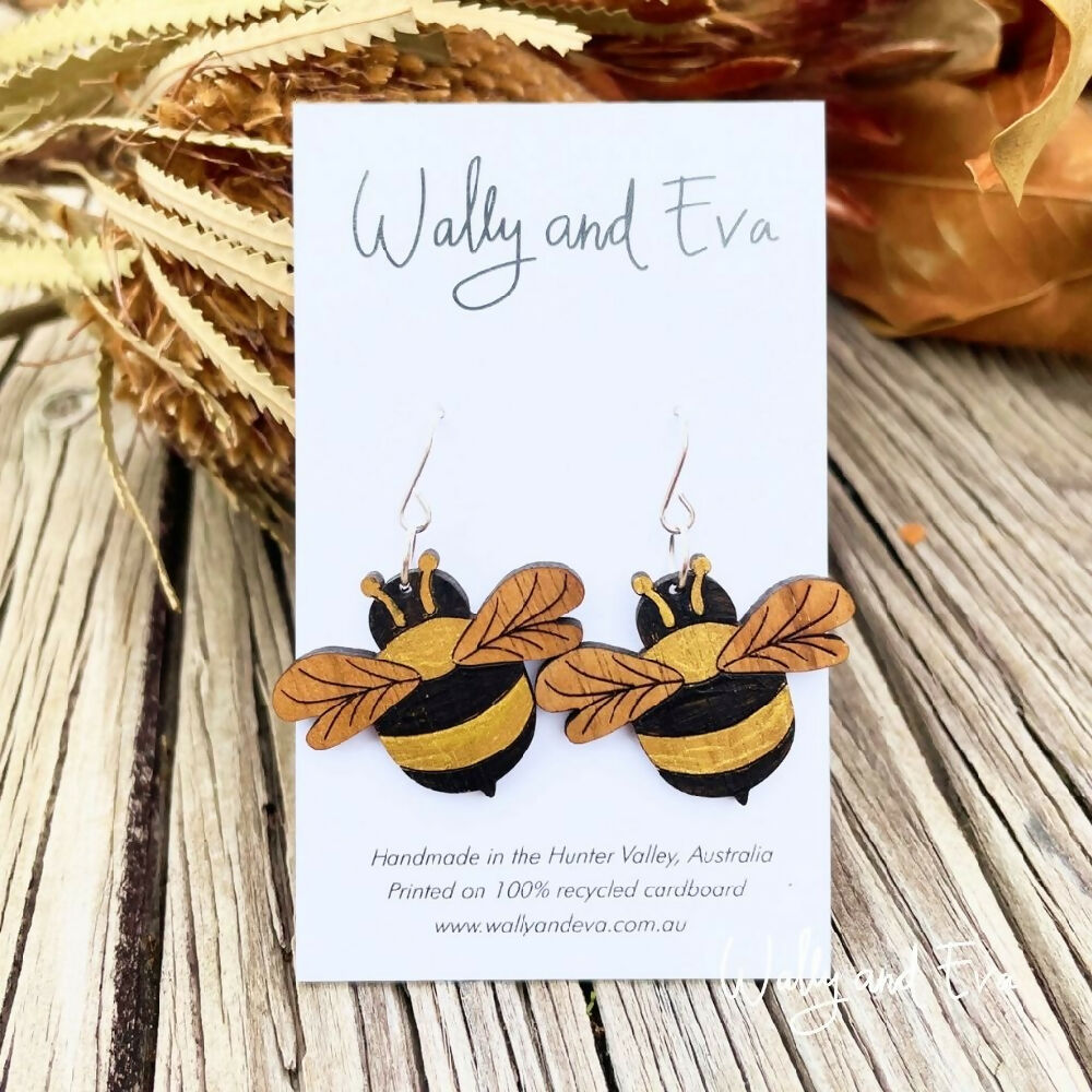 Australian-hand-painted-wood-bee-earrings-on-card